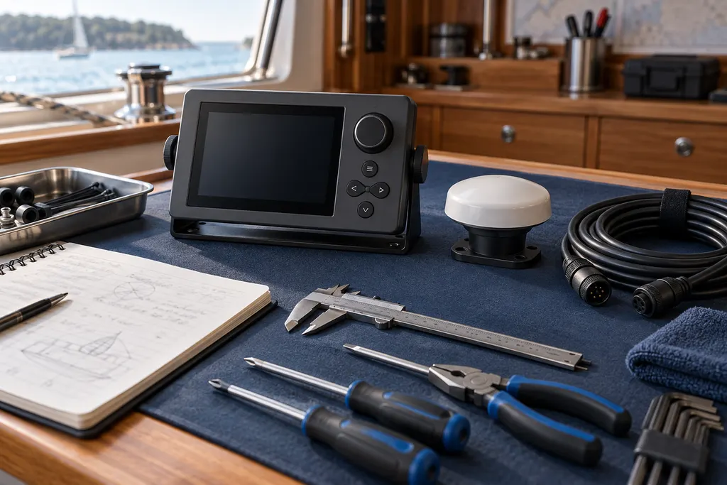 AI illustration of generic marine electronics and tools arranged for installation planning